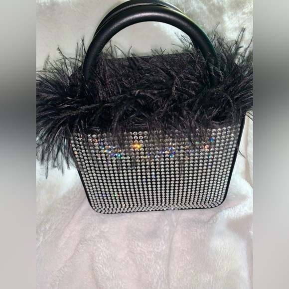 Mach & Mach Crystal & Feather Trim Satin Bag (Black) - Picture 11 of 13